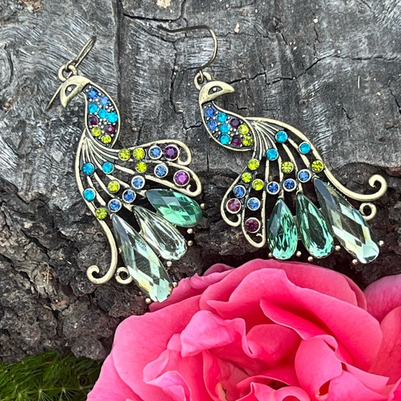 Peacock rhinestone crystal dangle earrings - Picture 2 of 5